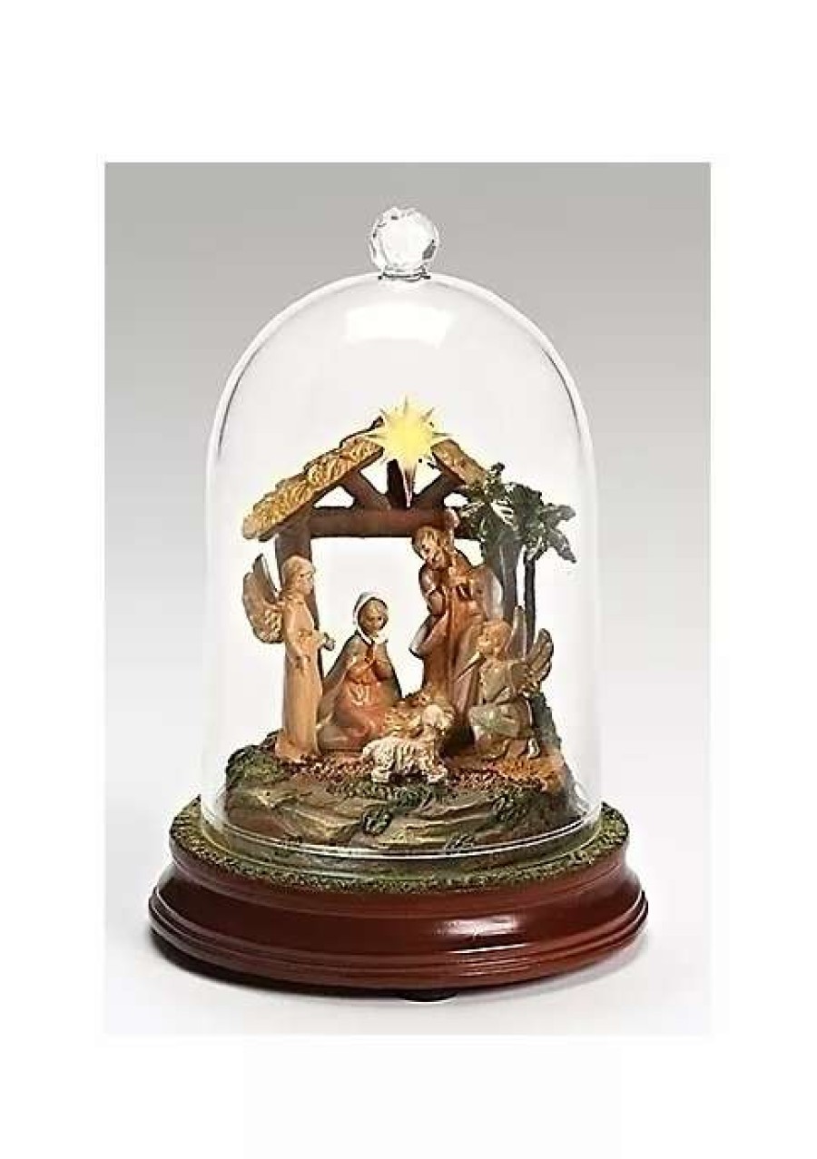 Home * | Best Deal Roman 7.25 And Yellow Led Lighted Musical Cloche Dome Nativity Scene Christmas Decor Brown