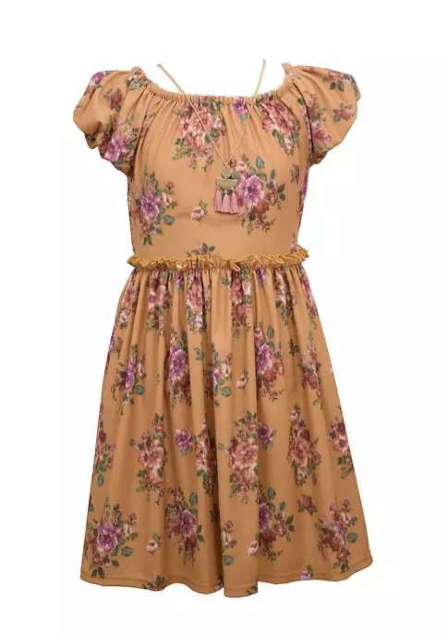 Kids * | Budget Bonnie Jean Girls 7-16 Short Puff Sleeve Floral Print Dress Mustard