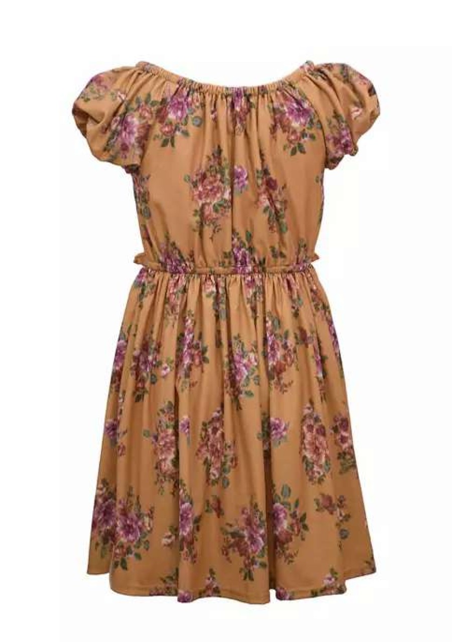 Kids * | Budget Bonnie Jean Girls 7-16 Short Puff Sleeve Floral Print Dress Mustard