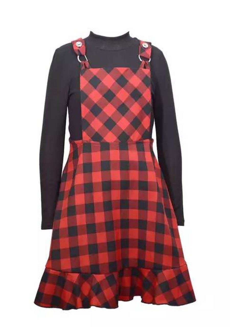 Kids * | Hot Sale Bonnie Jean Girls 4-6X Buffalo Check Bib Dress Red