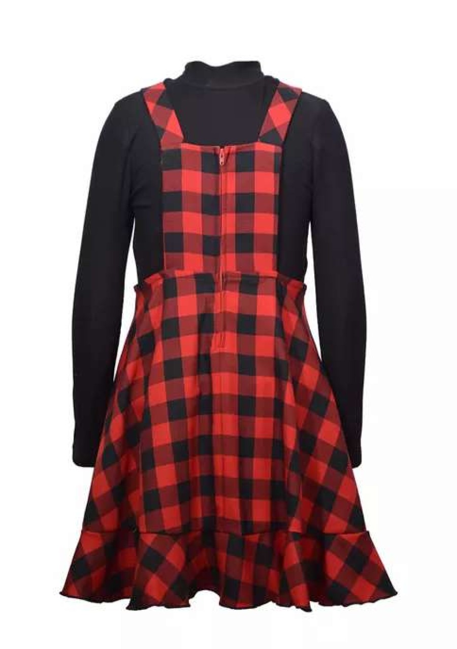 Kids * | Hot Sale Bonnie Jean Girls 4-6X Buffalo Check Bib Dress Red