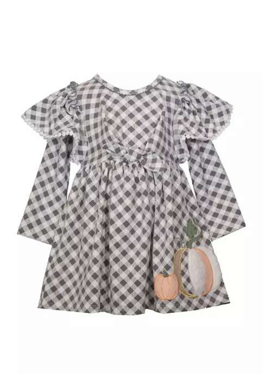 Kids * | New Bonnie Jean Toddler Girls Long Sleeve Gingham Ruffle Dress With Pumpkin Applique Grey