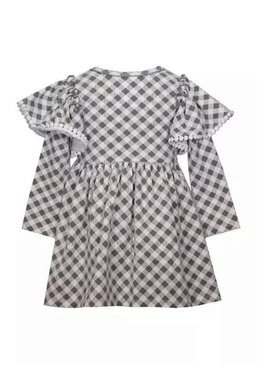 Kids * | New Bonnie Jean Toddler Girls Long Sleeve Gingham Ruffle Dress With Pumpkin Applique Grey