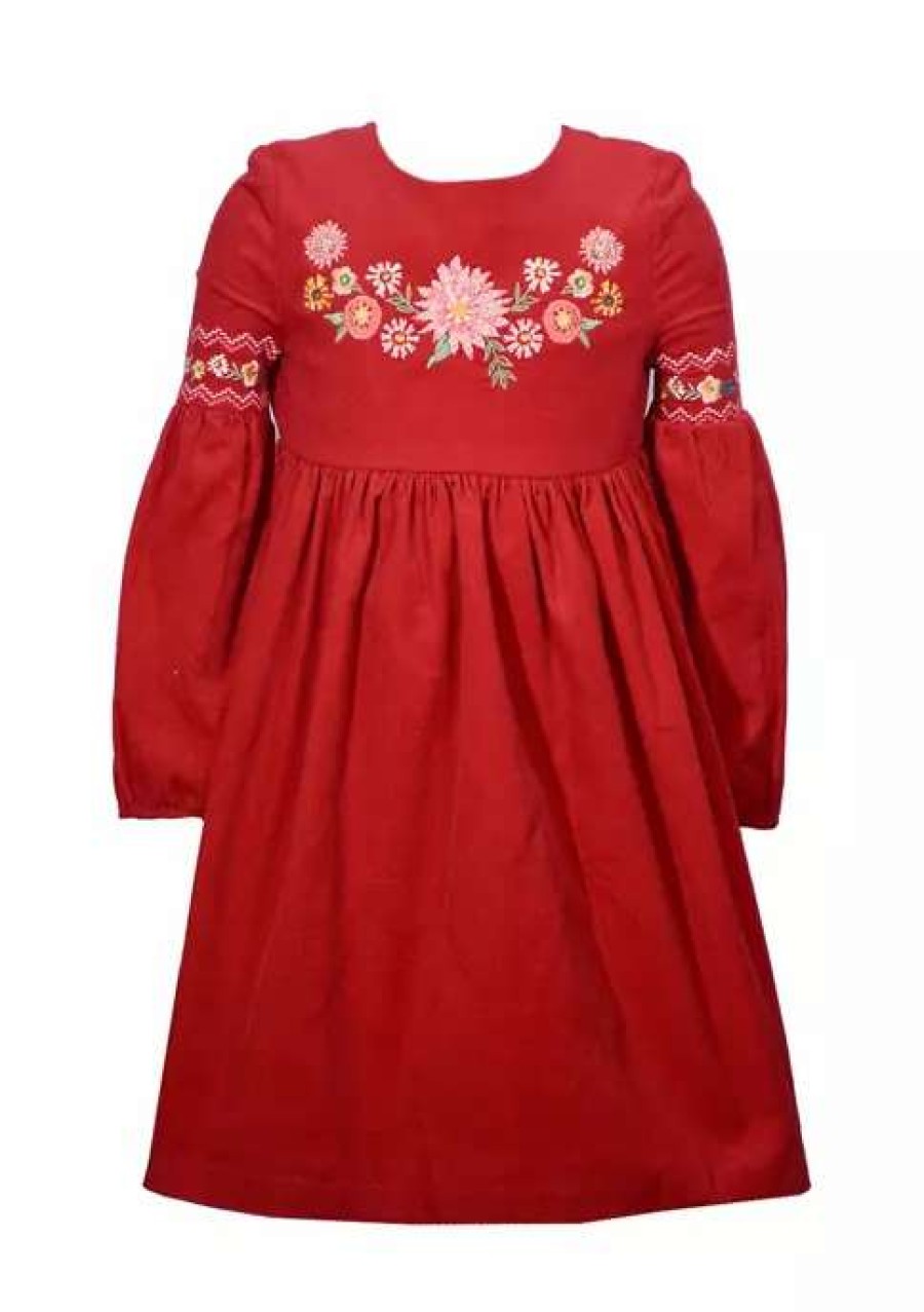 Kids * | New Bonnie Jean 4-6X Girls Long Sleeve Embroidery Corduroy Dress Burgundy