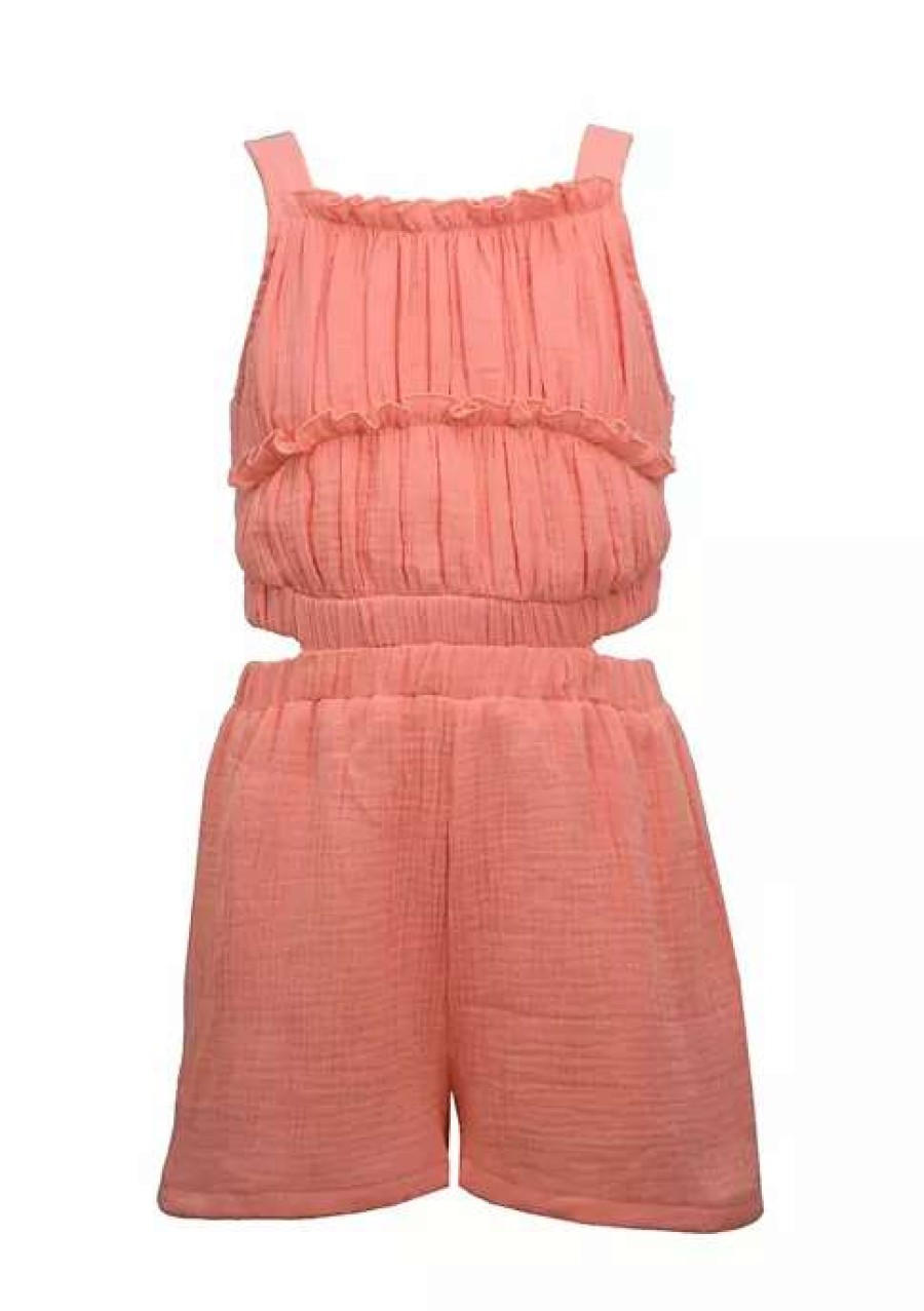 Kids * | Best Sale Bonnie Jean Girls 4-6X Shirred Bodice Romper Coral