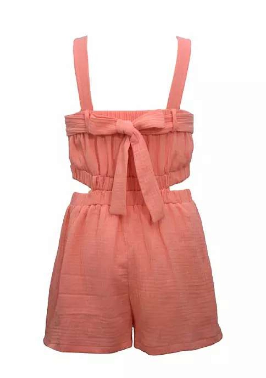 Kids * | Best Sale Bonnie Jean Girls 4-6X Shirred Bodice Romper Coral