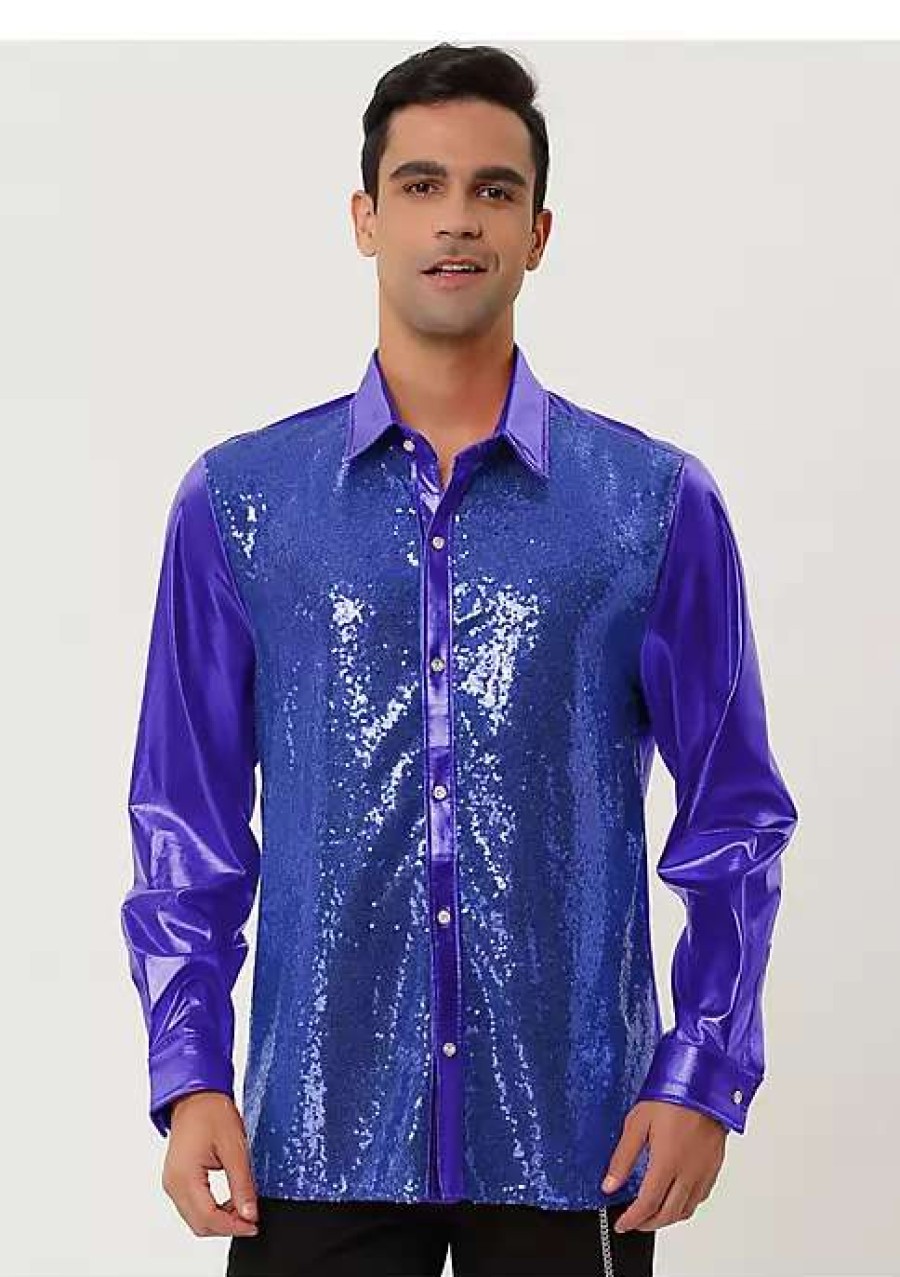 Men * | Best Pirce Lars Amadeus Men'S Sequin Dress Shirt Button Down 70S Disco Party Sparkly Metallic Shirt