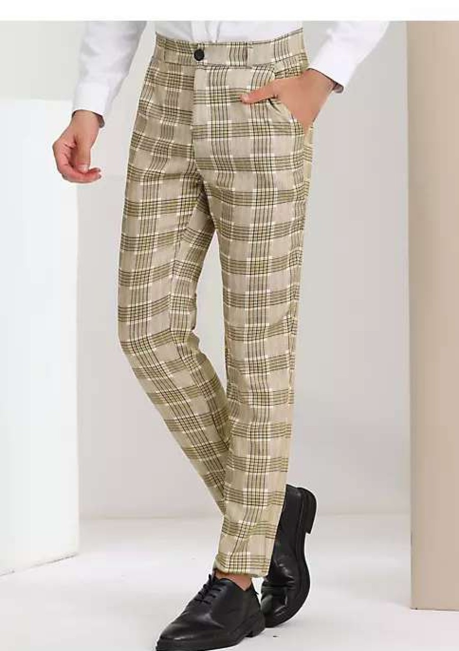 Men * | New Lars Amadeus Men'S Plaid Business Pants Classic Fit Flat Front Formal Trousers