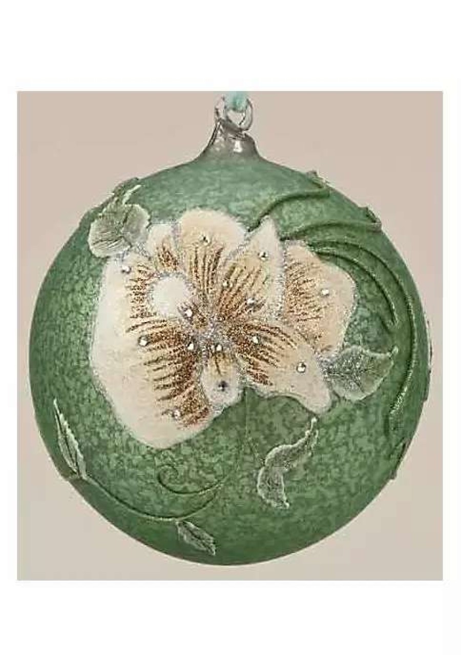 Ornaments * | Outlet Roman 6.25 And Ivory Glittered Floral Christmas Ornament Green