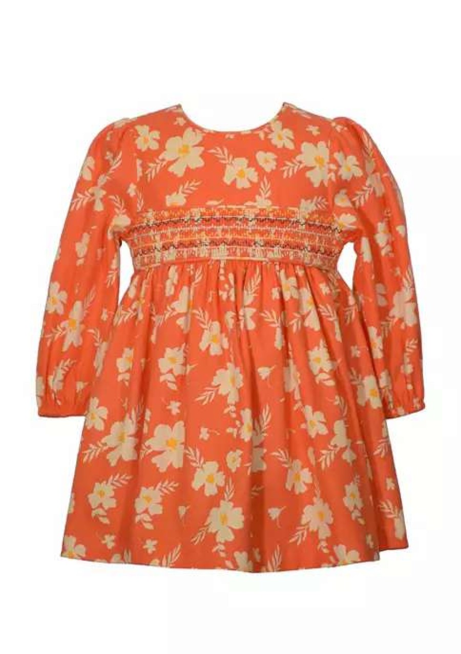 Kids * | Promo Bonnie Jean Baby Girls Long Sleeve Floral Smocked Dress Orange