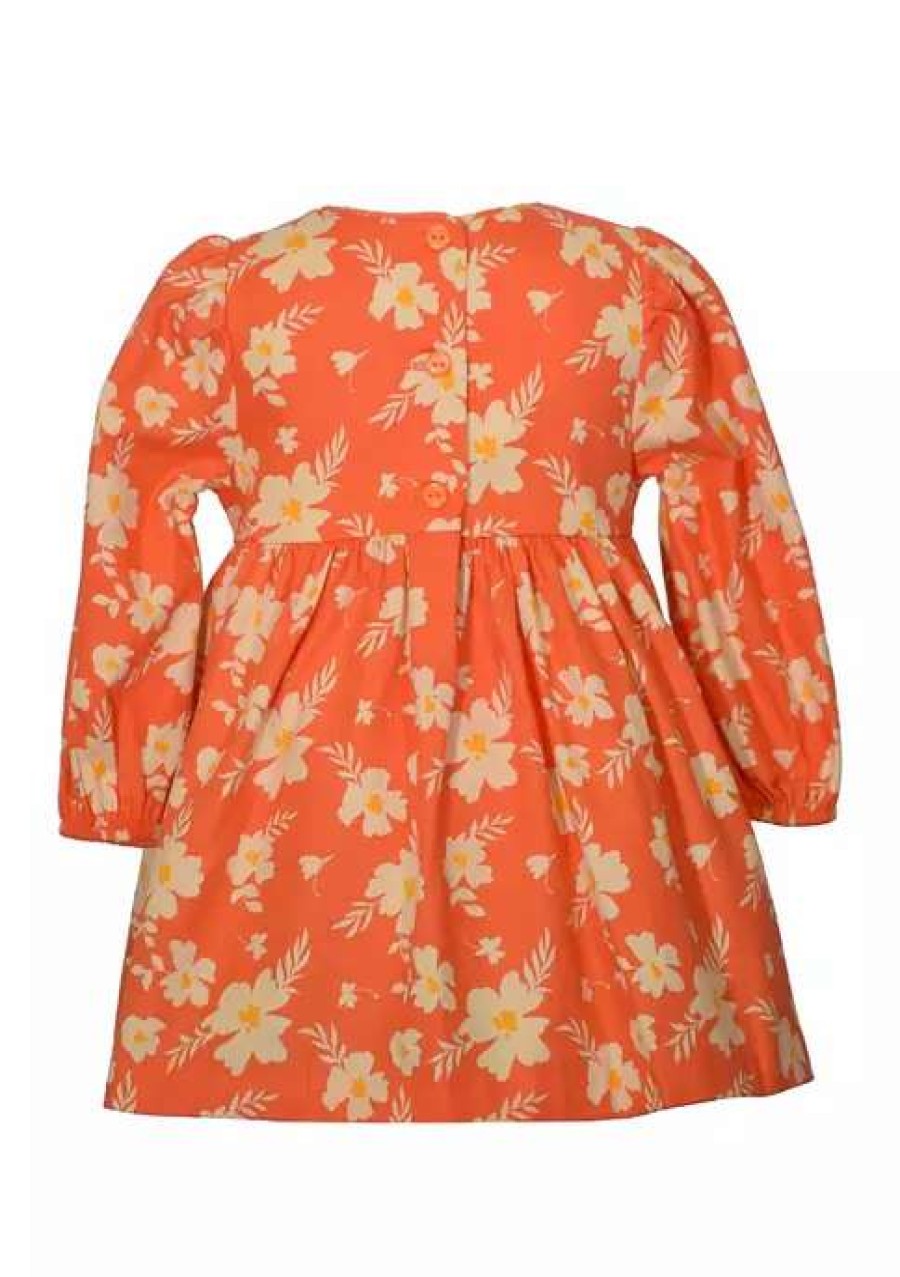 Kids * | Promo Bonnie Jean Baby Girls Long Sleeve Floral Smocked Dress Orange