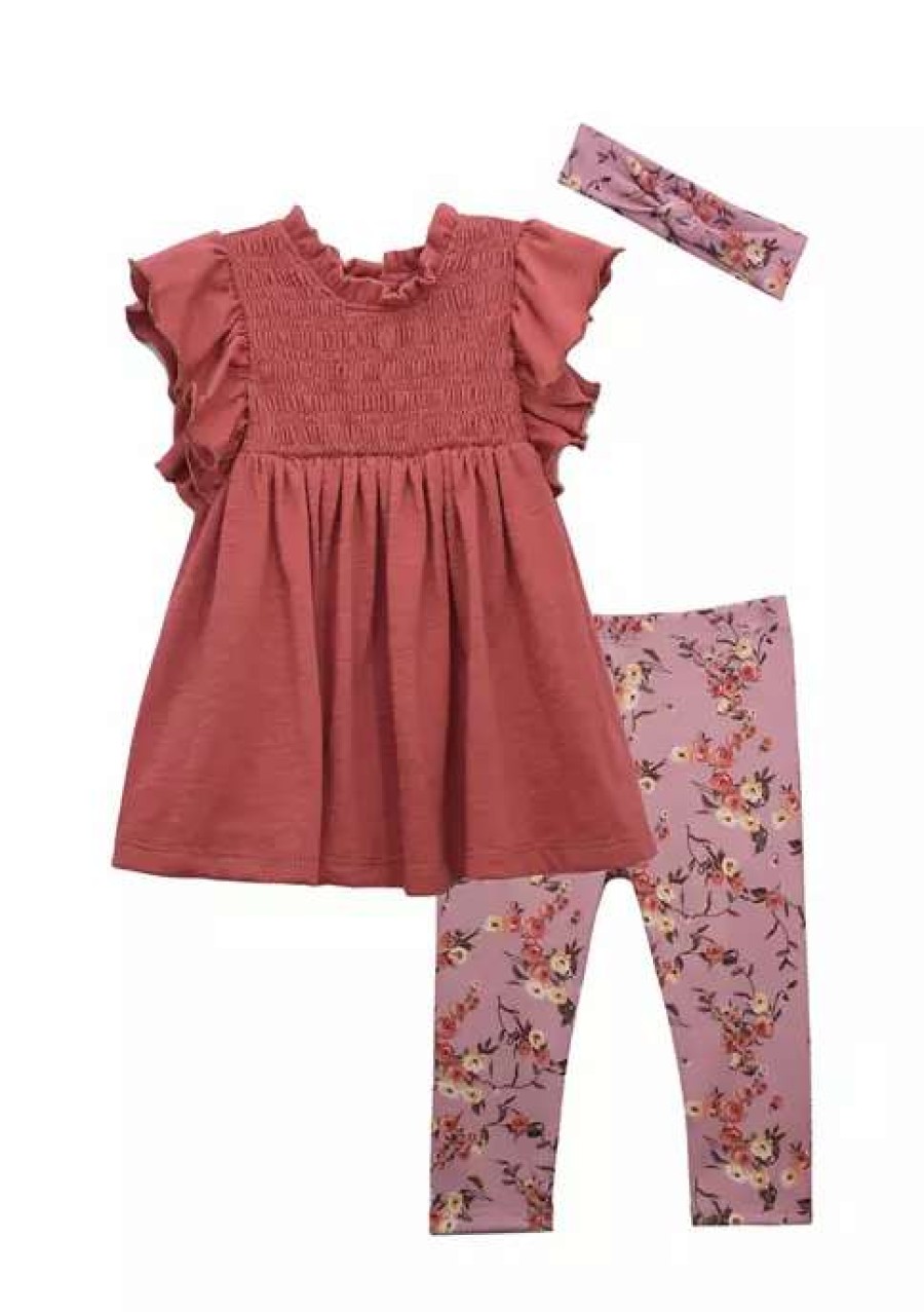 Kids * | New Bonnie Jean Baby Girls Smocked Set With Headband Rust