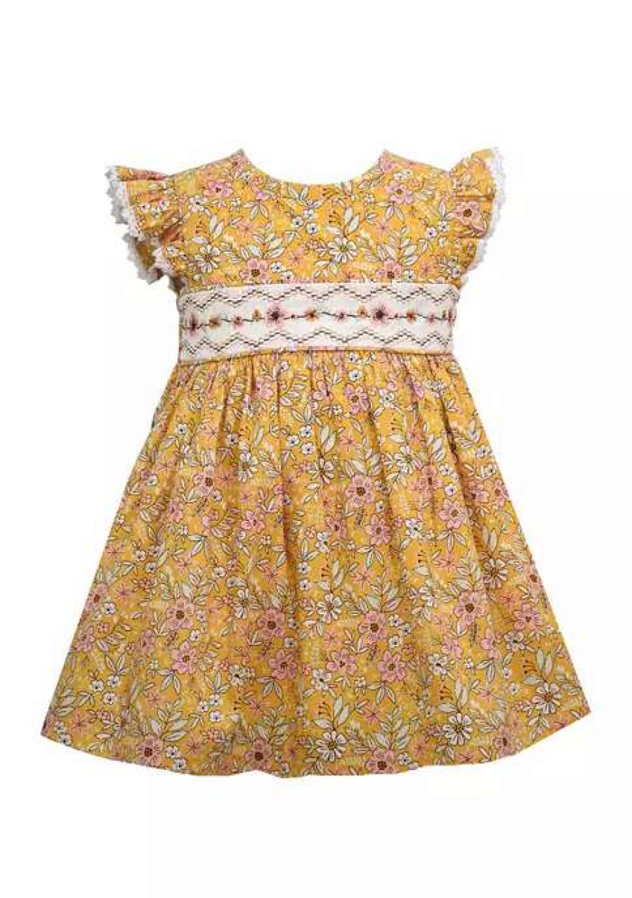 Kids * | Buy Bonnie Jean Toddler Girls Flutter Sleeve Floral Poplin Smocked Dress Tan