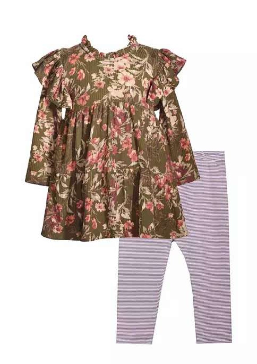 Kids * | Budget Bonnie Jean Baby Girls Long Sleeve Floral Print Top And Rib Knit Leggings Set Olive