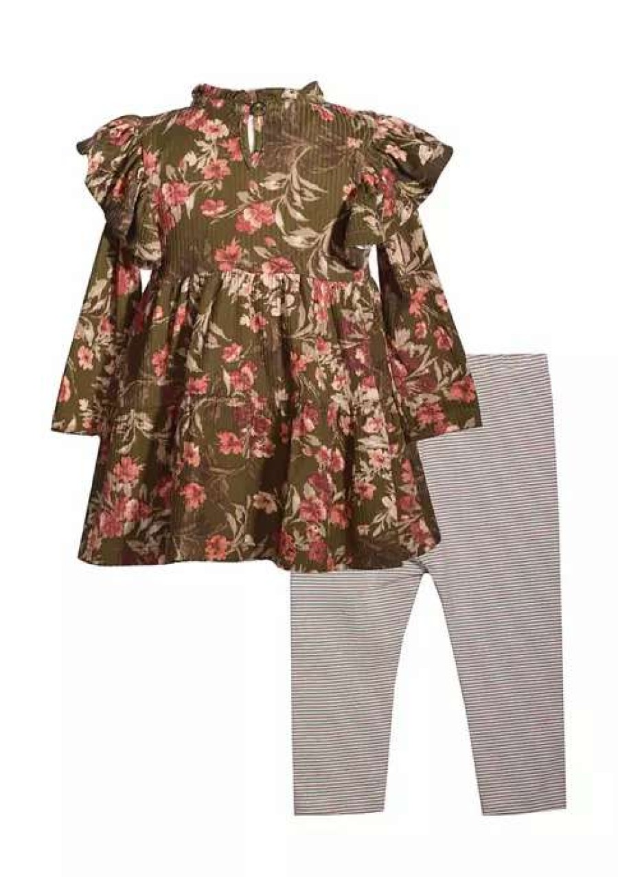 Kids * | Budget Bonnie Jean Baby Girls Long Sleeve Floral Print Top And Rib Knit Leggings Set Olive