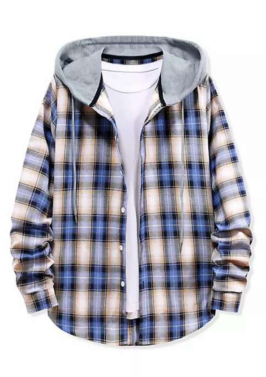 Men * | New Lars Amadeus Men'S Plaid Hooded Shirts Button Down Long Sleeves Checked Hoodie Shirt Jacket