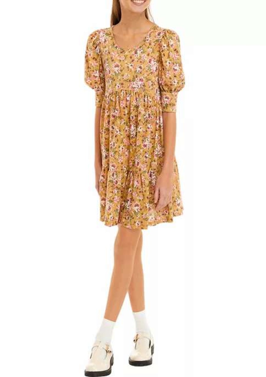 Kids * | Deals Bonnie Jean Girls 7-16 Knit Empire Print Dress Mustard