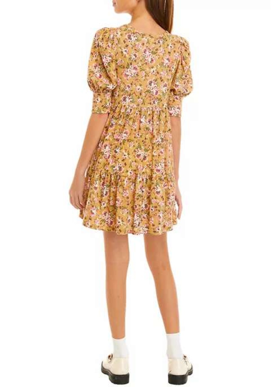 Kids * | Deals Bonnie Jean Girls 7-16 Knit Empire Print Dress Mustard