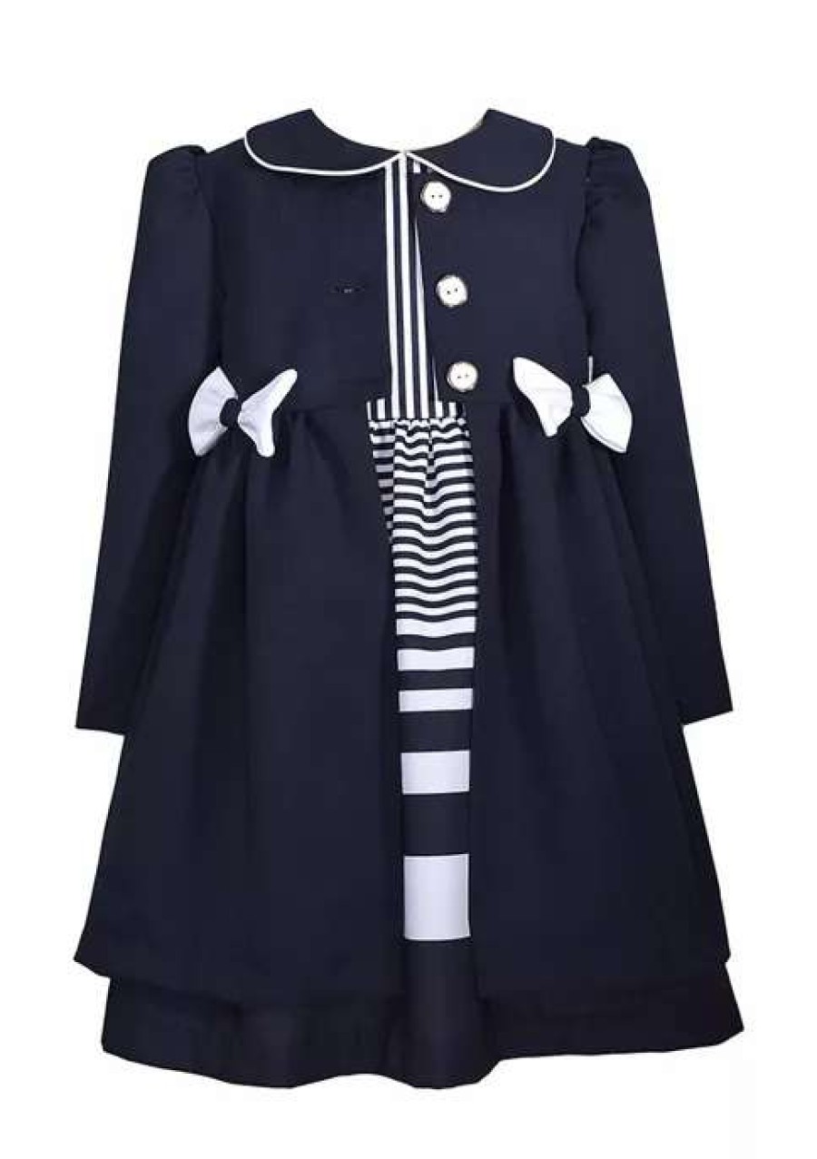 Kids * | Best Sale Bonnie Jean Girls 7-16 Long Sleeve Nautical Dress And Coat Set Navy